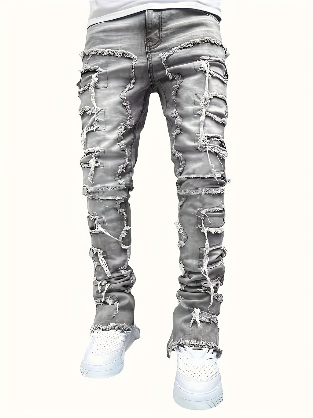 Men's Skinny Ripped Jeans - Slim Fit Patchwork Denim Pants with Mid-Rise Waist, Y2K Goth Harajuku Emo Hip Hop Streetwear Style, Frayed Hem & Built-In Zipper Closure for Spring/Fall Casual Outfits