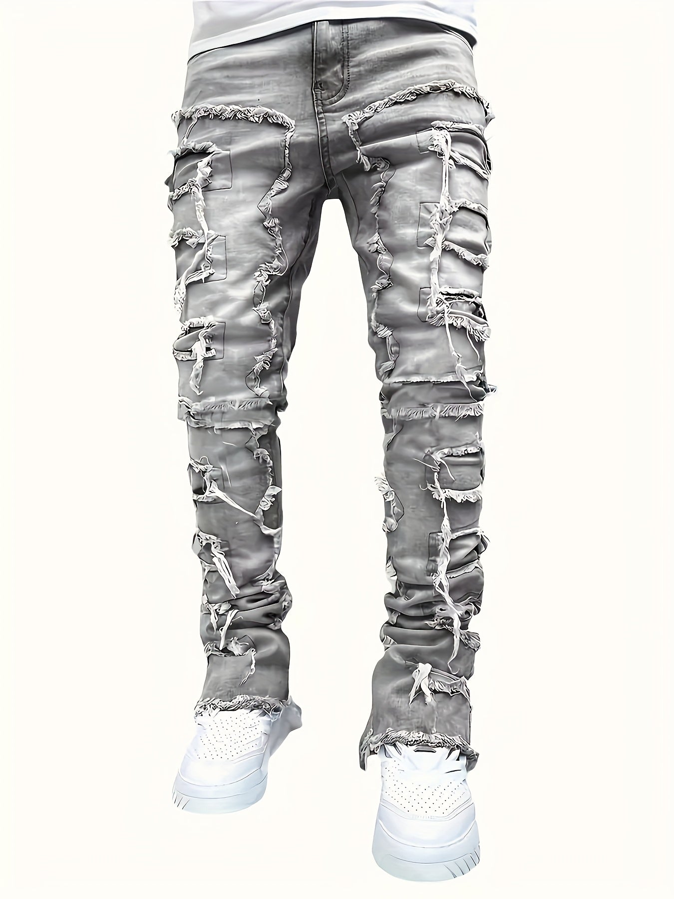 Men's Skinny Ripped Jeans - Slim Fit Patchwork Denim Pants with Mid-Rise Waist, Y2K Goth Harajuku Emo Hip Hop Streetwear Style, Frayed Hem & Built-In Zipper Closure for Spring/Fall Casual Outfits