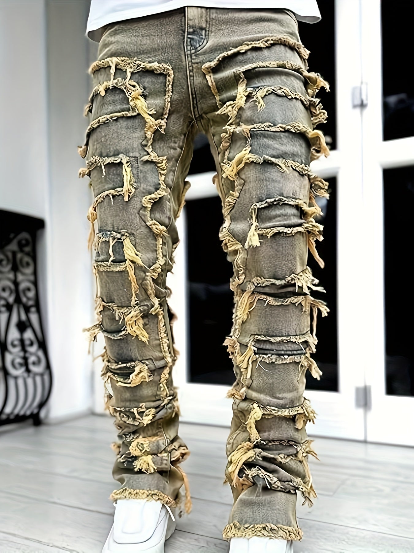 Men's Skinny Ripped Jeans - Slim Fit Patchwork Denim Pants with Mid-Rise Waist, Y2K Goth Harajuku Emo Hip Hop Streetwear Style, Frayed Hem & Built-In Zipper Closure for Spring/Fall Casual Outfits