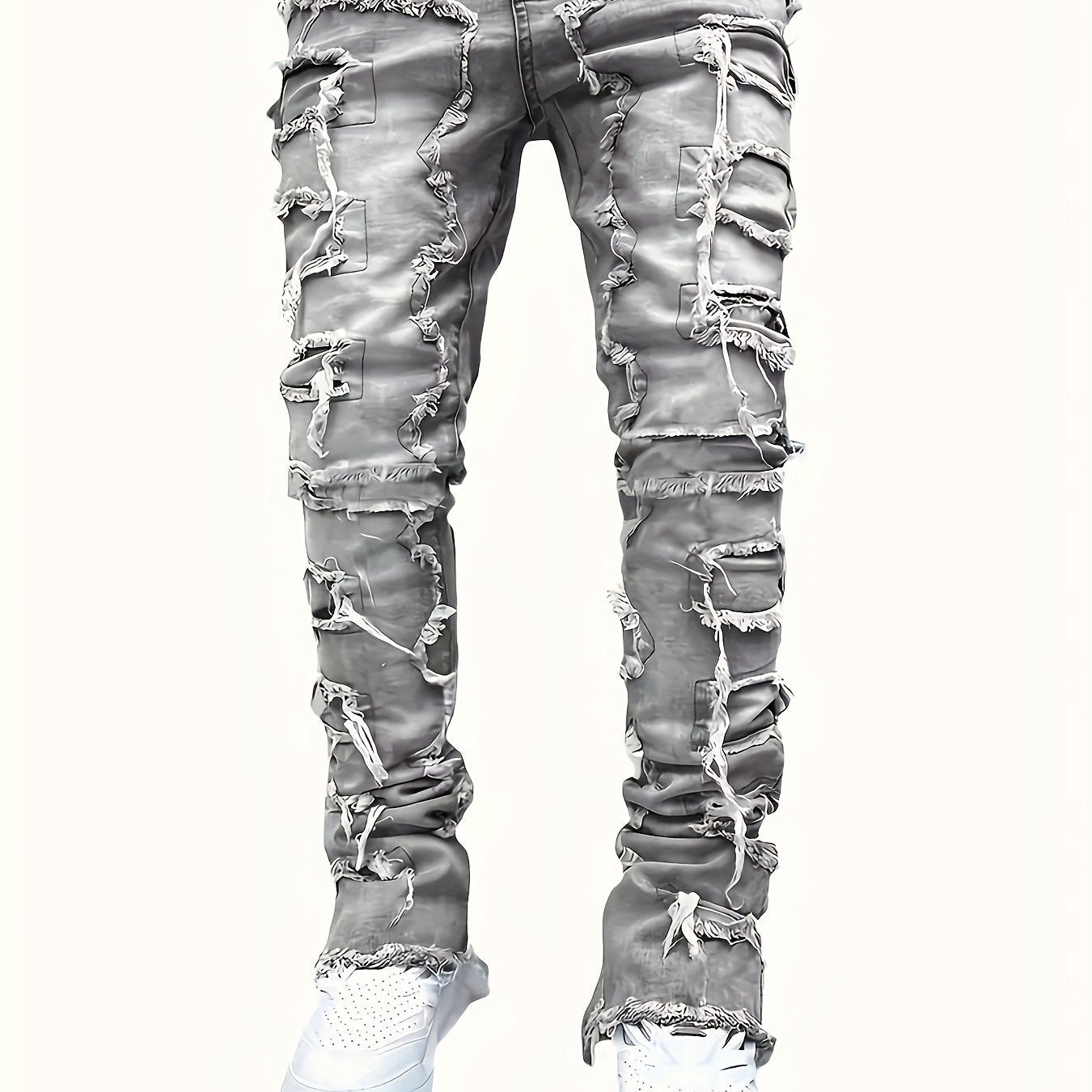 Men's Skinny Ripped Jeans - Slim Fit Patchwork Denim Pants with Mid-Rise Waist, Y2K Goth Harajuku Emo Hip Hop Streetwear Style, Frayed Hem & Built-In Zipper Closure for Spring/Fall Casual Outfits