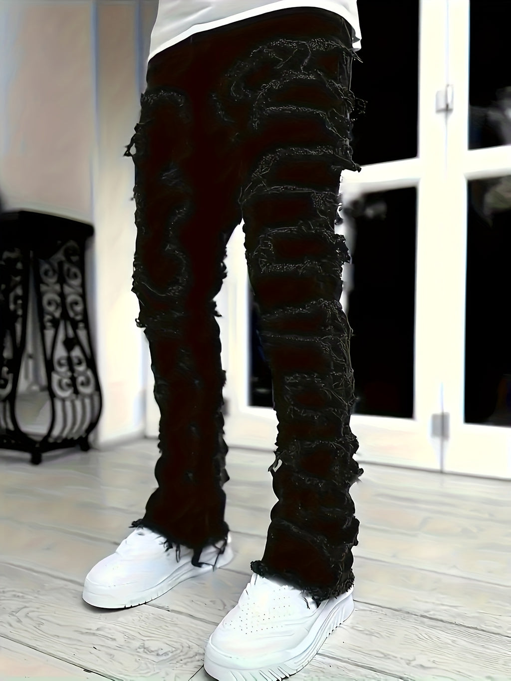 Men's Skinny Ripped Jeans - Slim Fit Patchwork Denim Pants with Mid-Rise Waist, Y2K Goth Harajuku Emo Hip Hop Streetwear Style, Frayed Hem & Built-In Zipper Closure for Spring/Fall Casual Outfits