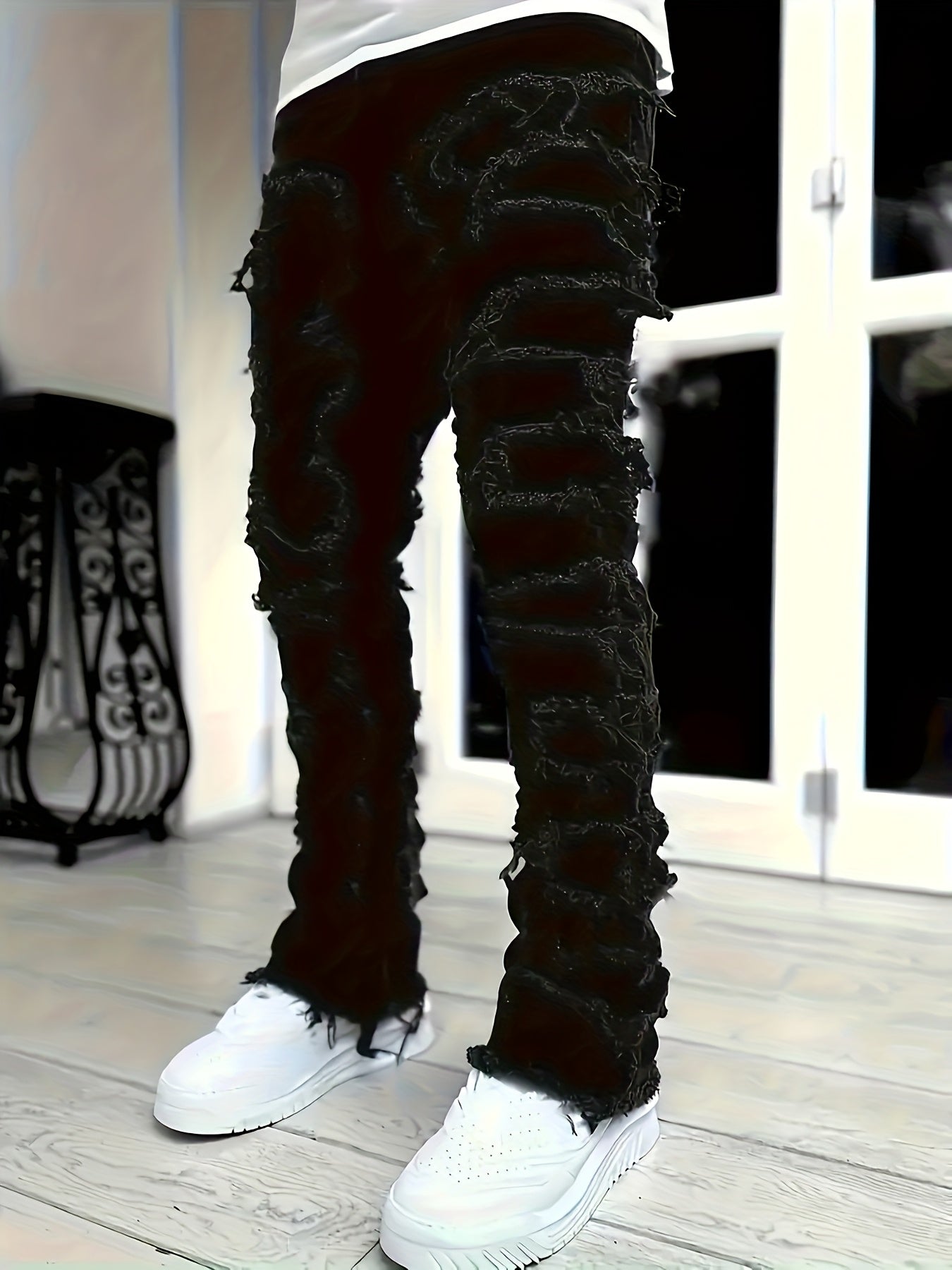 Men's Skinny Ripped Jeans - Slim Fit Patchwork Denim Pants with Mid-Rise Waist, Y2K Goth Harajuku Emo Hip Hop Streetwear Style, Frayed Hem & Built-In Zipper Closure for Spring/Fall Casual Outfits