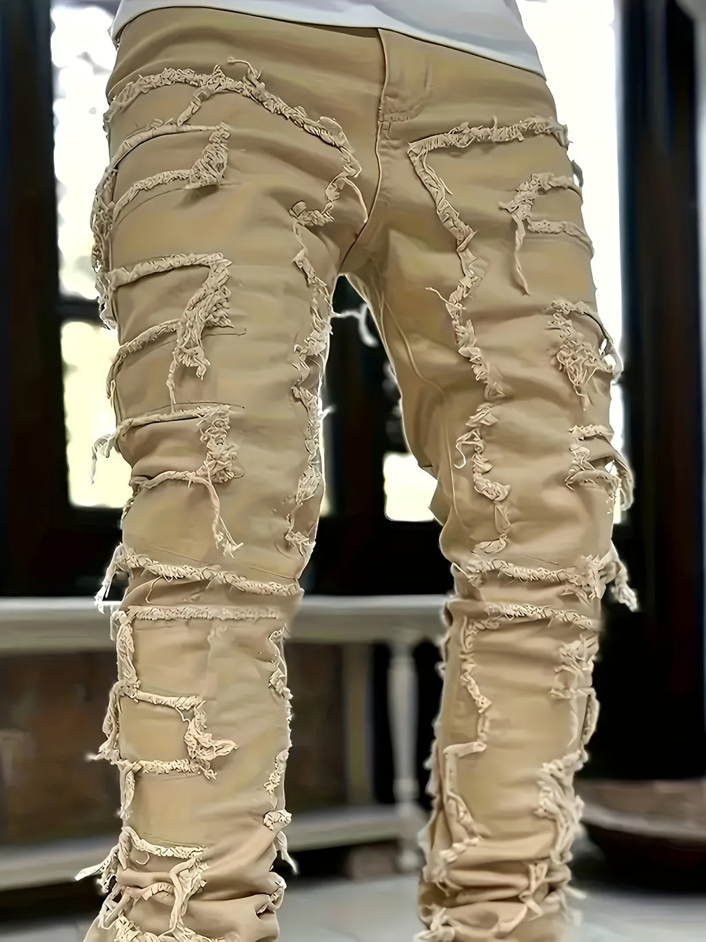 Men's Skinny Ripped Jeans - Slim Fit Patchwork Denim Pants with Mid-Rise Waist, Y2K Goth Harajuku Emo Hip Hop Streetwear Style, Frayed Hem & Built-In Zipper Closure for Spring/Fall Casual Outfits