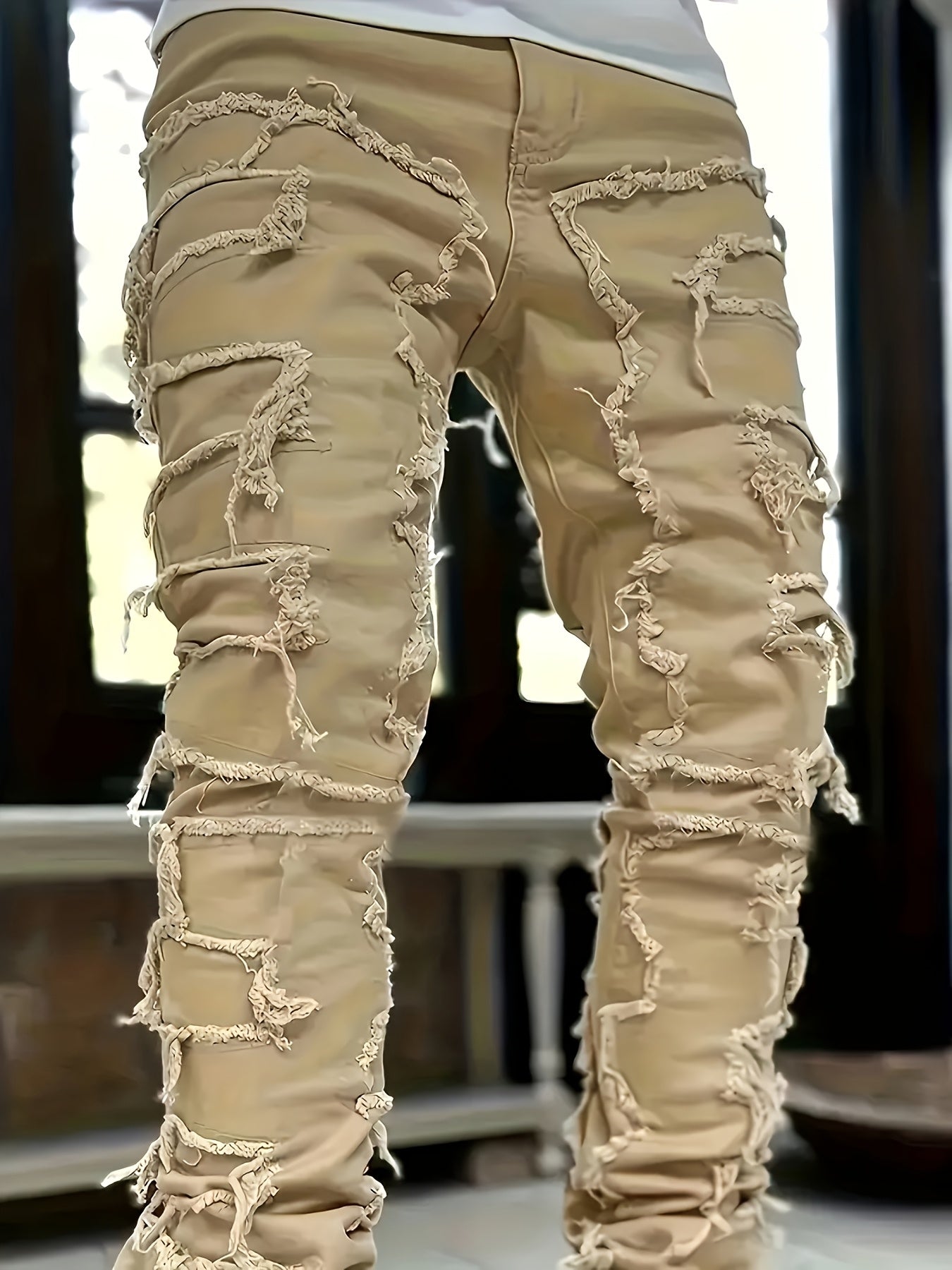 Men's Skinny Ripped Jeans - Slim Fit Patchwork Denim Pants with Mid-Rise Waist, Y2K Goth Harajuku Emo Hip Hop Streetwear Style, Frayed Hem & Built-In Zipper Closure for Spring/Fall Casual Outfits