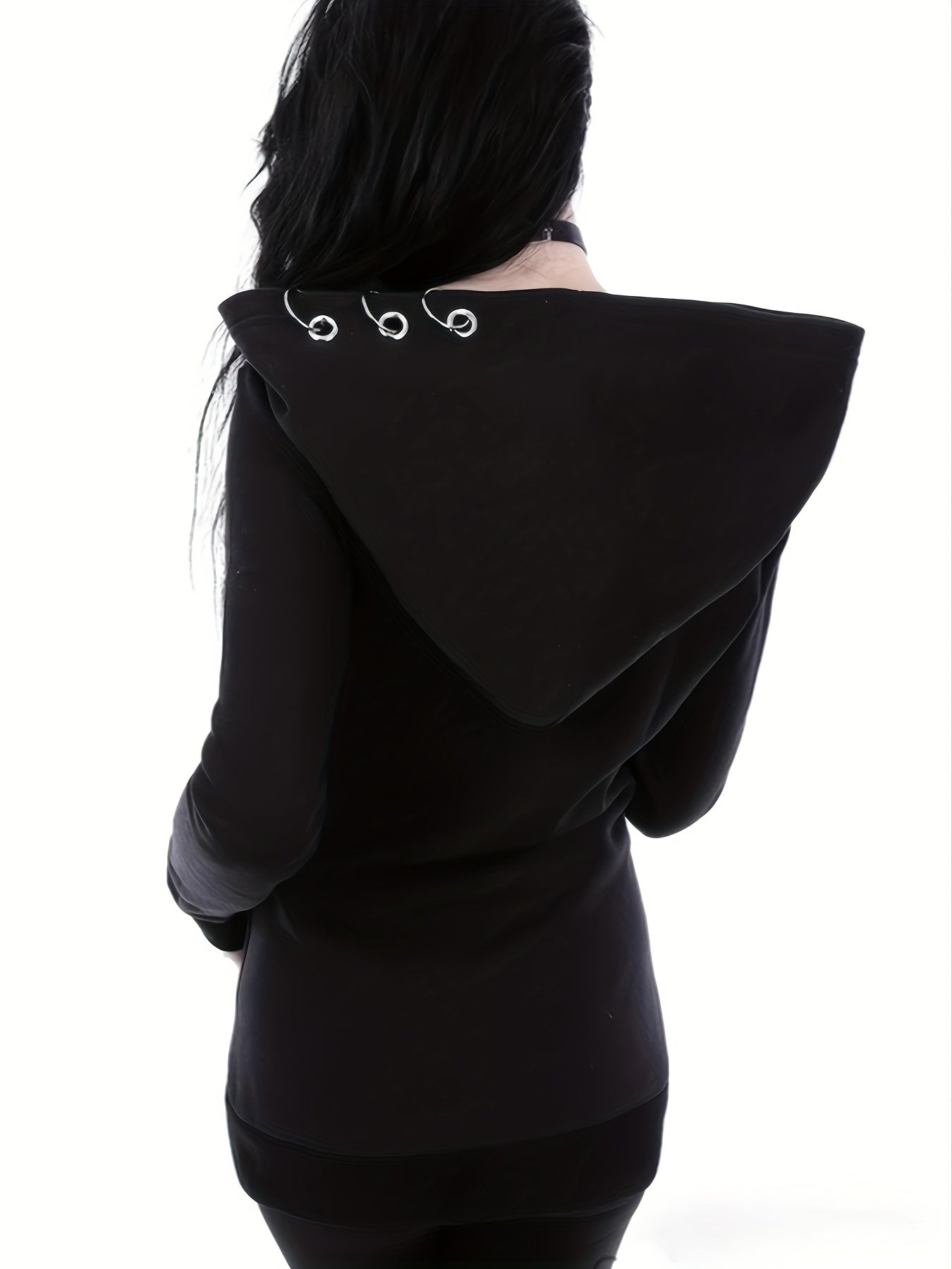 Solid Color Hooded Sweater with Ring Accent - Casual Round Neck Pullover, Medium Elasticity All-Season Sweaters for Layering, Machine Washable Sweaters for or Weekend Outfits (Compatible with Dresses)