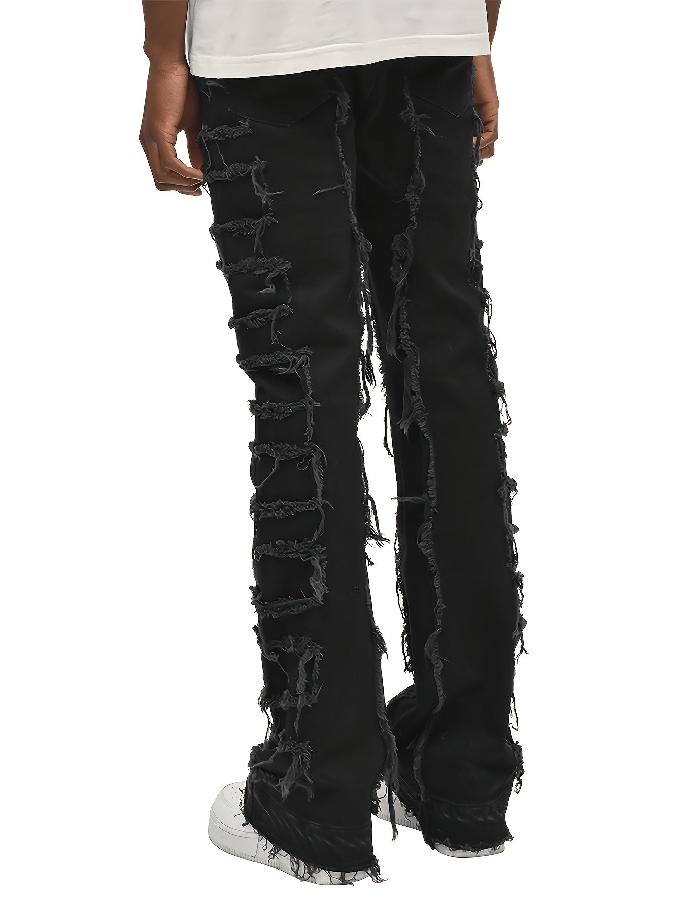 Men's Skinny Ripped Jeans - Slim Fit Patchwork Denim Pants with Mid-Rise Waist, Y2K Goth Harajuku Emo Hip Hop Streetwear Style, Frayed Hem & Built-In Zipper Closure for Spring/Fall Casual Outfits