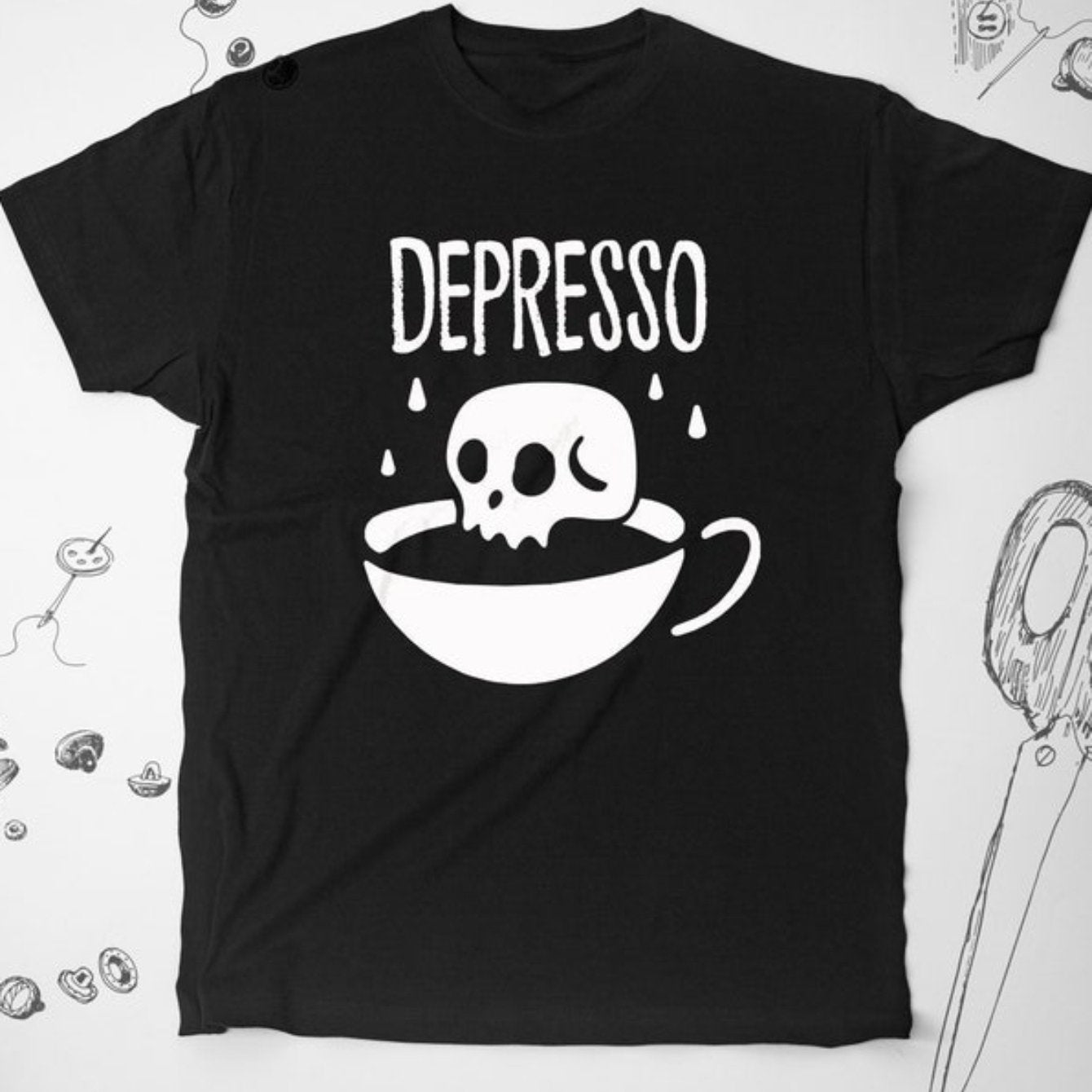 1pc Coffee shirt tshirt t shirt tee Goth Graphic Design shirt Funny Emo Skull with Depression Edgy Gothic Unisex shirt Gift idea