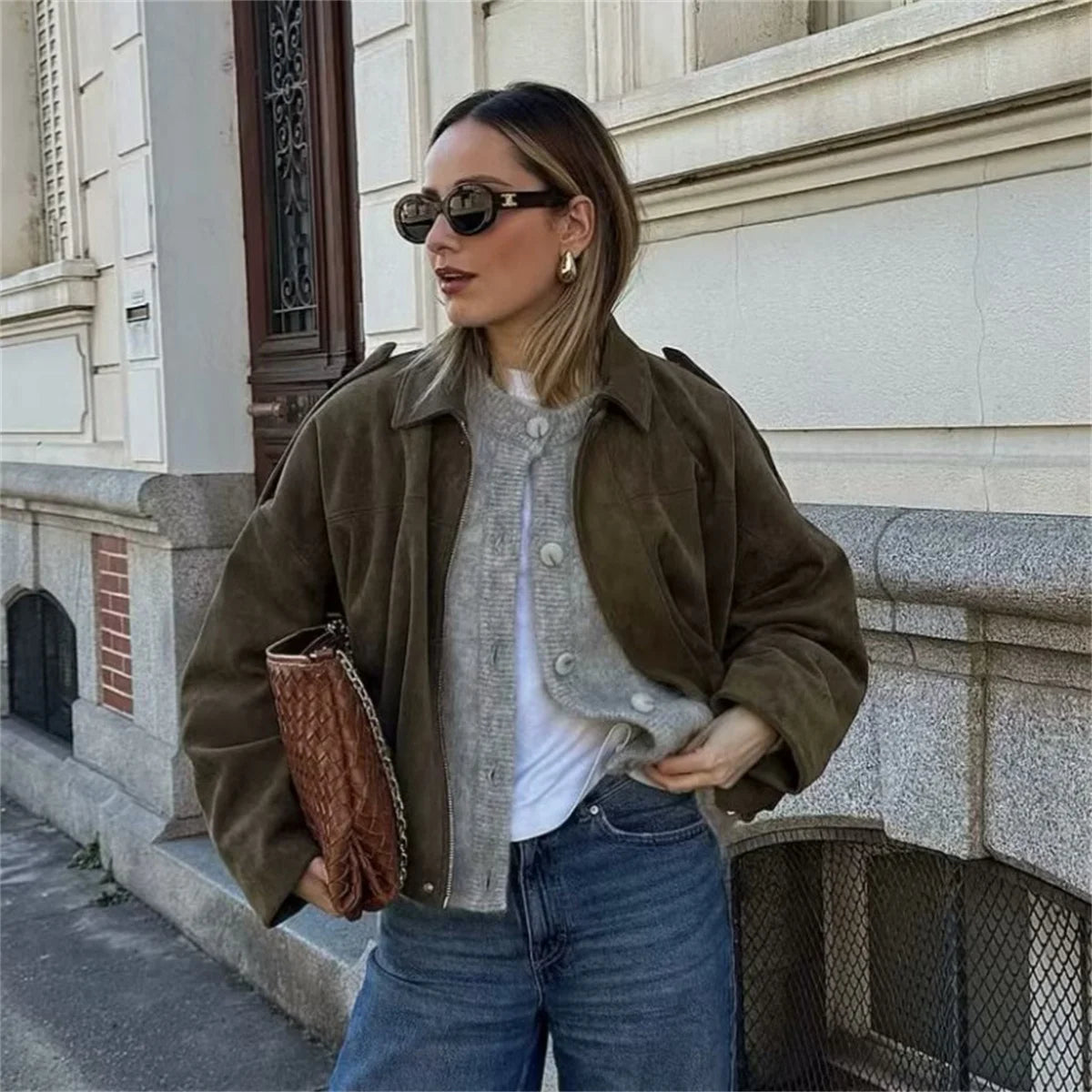 Women's Army Elegant Bomber Jackets Coats Fashion Turn-down Collar Long Sleeve Loose Coats Vintage Female Outerwear Chic Tops
