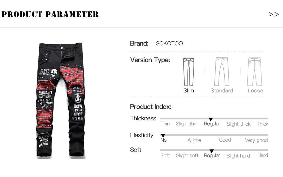 Men's Scotland Red Plaid Tartan Patchwork Jeans Punk Rivet Patch Black Denim Pants Skull Letters Printed Slim Straight Trousers