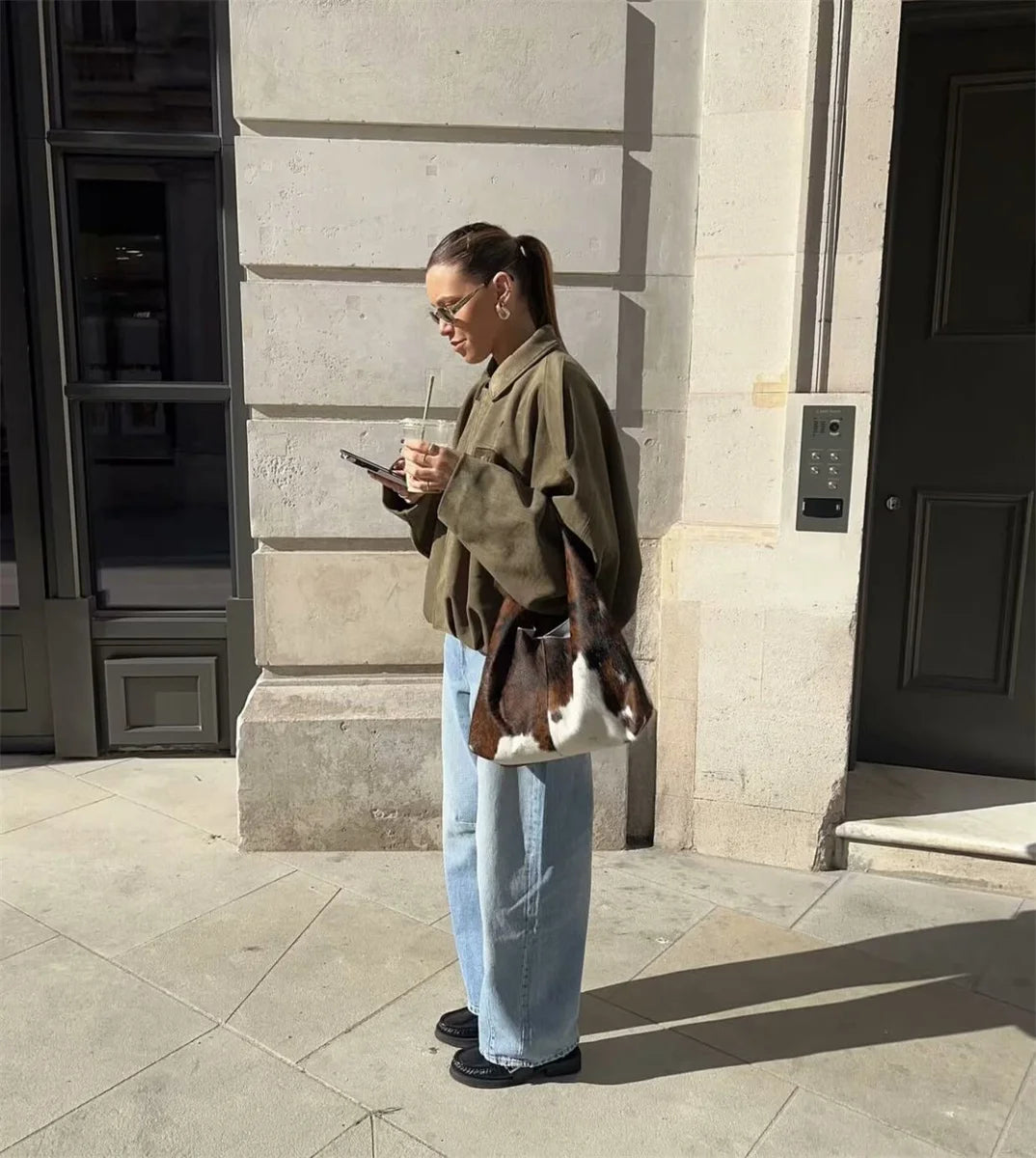 Women's Army Elegant Bomber Jackets Coats Fashion Turn-down Collar Long Sleeve Loose Coats Vintage Female Outerwear Chic Tops