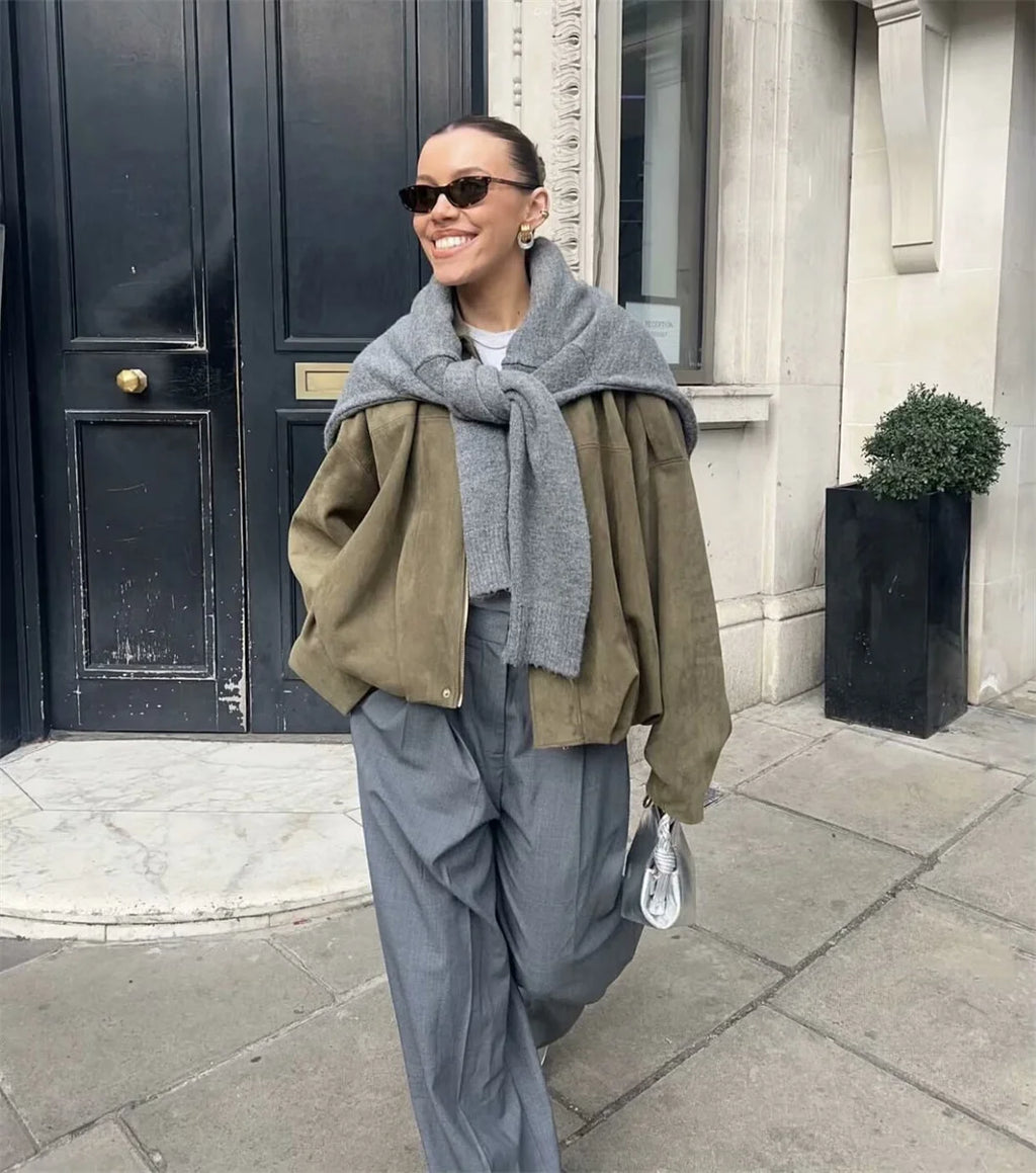 Women's Army Elegant Bomber Jackets Coats Fashion Turn-down Collar Long Sleeve Loose Coats Vintage Female Outerwear Chic Tops