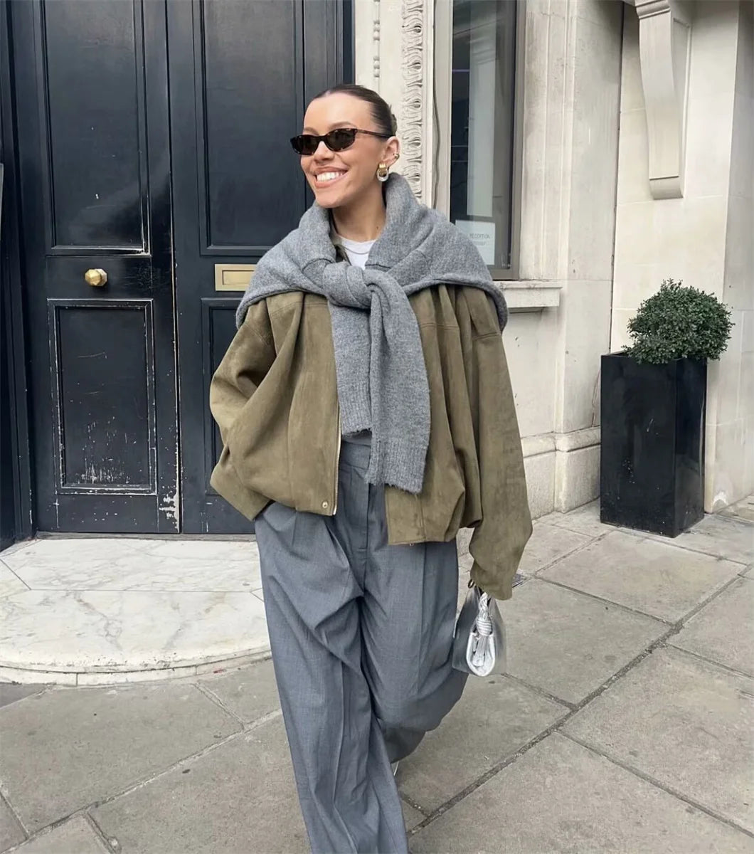 Women's Army Elegant Bomber Jackets Coats Fashion Turn-down Collar Long Sleeve Loose Coats Vintage Female Outerwear Chic Tops