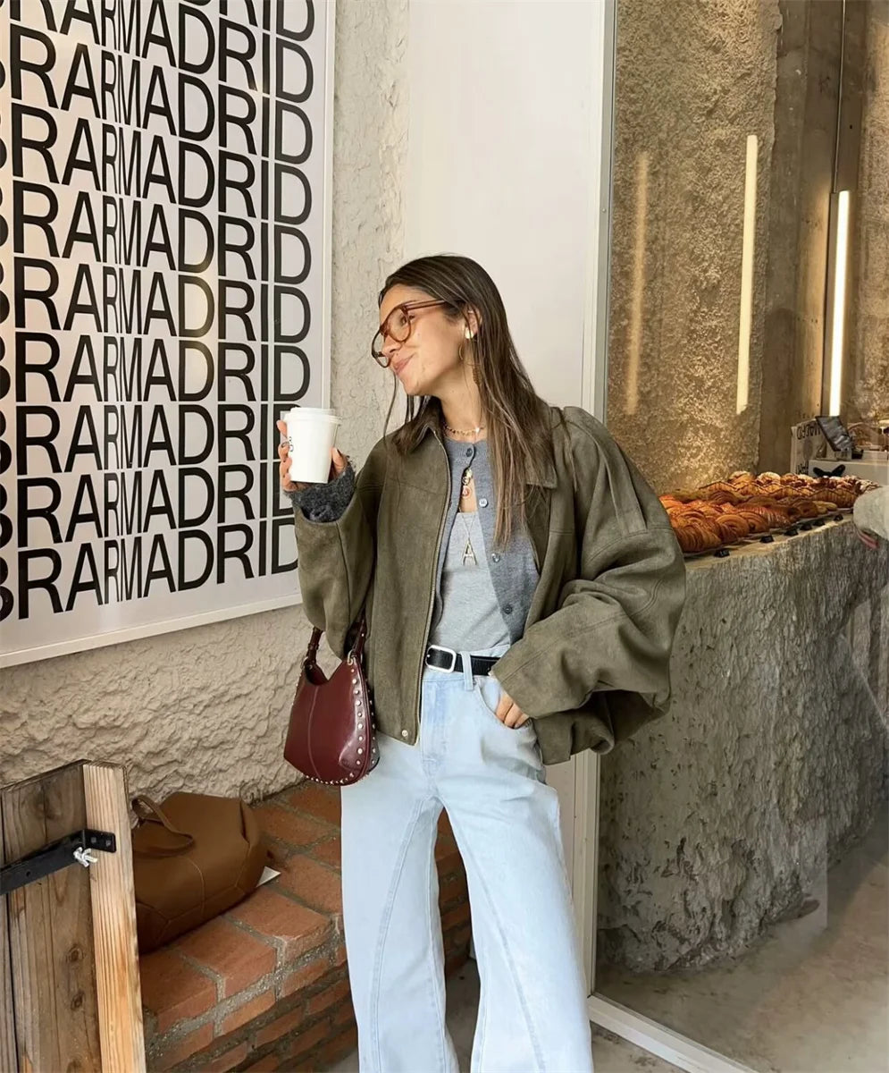 Women's Army Elegant Bomber Jackets Coats Fashion Turn-down Collar Long Sleeve Loose Coats Vintage Female Outerwear Chic Tops