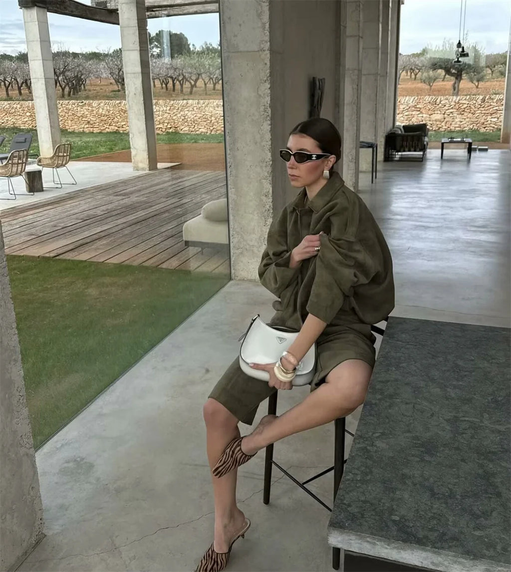 Women's Army Elegant Bomber Jackets Coats Fashion Turn-down Collar Long Sleeve Loose Coats Vintage Female Outerwear Chic Tops