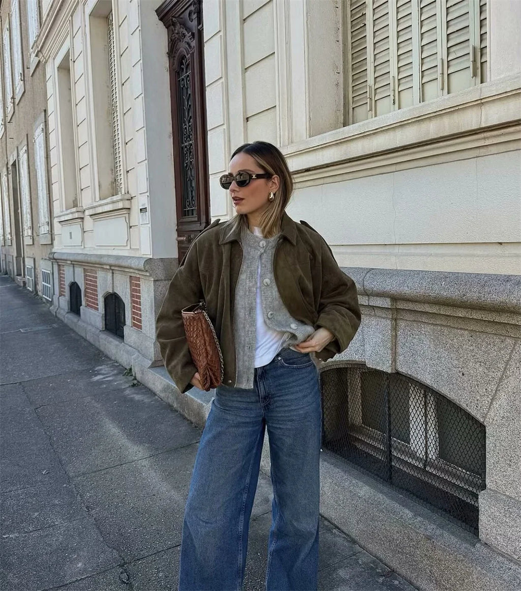 Women's Army Elegant Bomber Jackets Coats Fashion Turn-down Collar Long Sleeve Loose Coats Vintage Female Outerwear Chic Tops