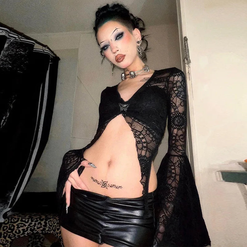 Goth Dark Lace See Through Gothic Women T-shirts Emo Sexy Grunge Aesthetic Flare Sleeve Crop Tops Y2k Black V-neck Alt Tees
