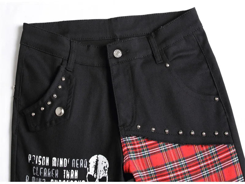Men's Scotland Red Plaid Tartan Patchwork Jeans Punk Rivet Patch Black Denim Pants Skull Letters Printed Slim Straight Trousers
