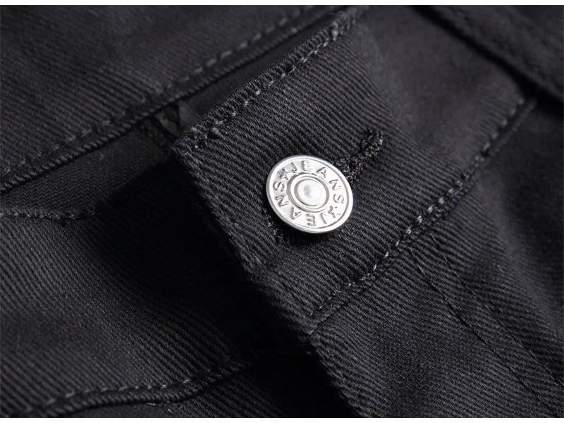 Men's Scotland Red Plaid Tartan Patchwork Jeans Punk Rivet Patch Black Denim Pants Skull Letters Printed Slim Straight Trousers