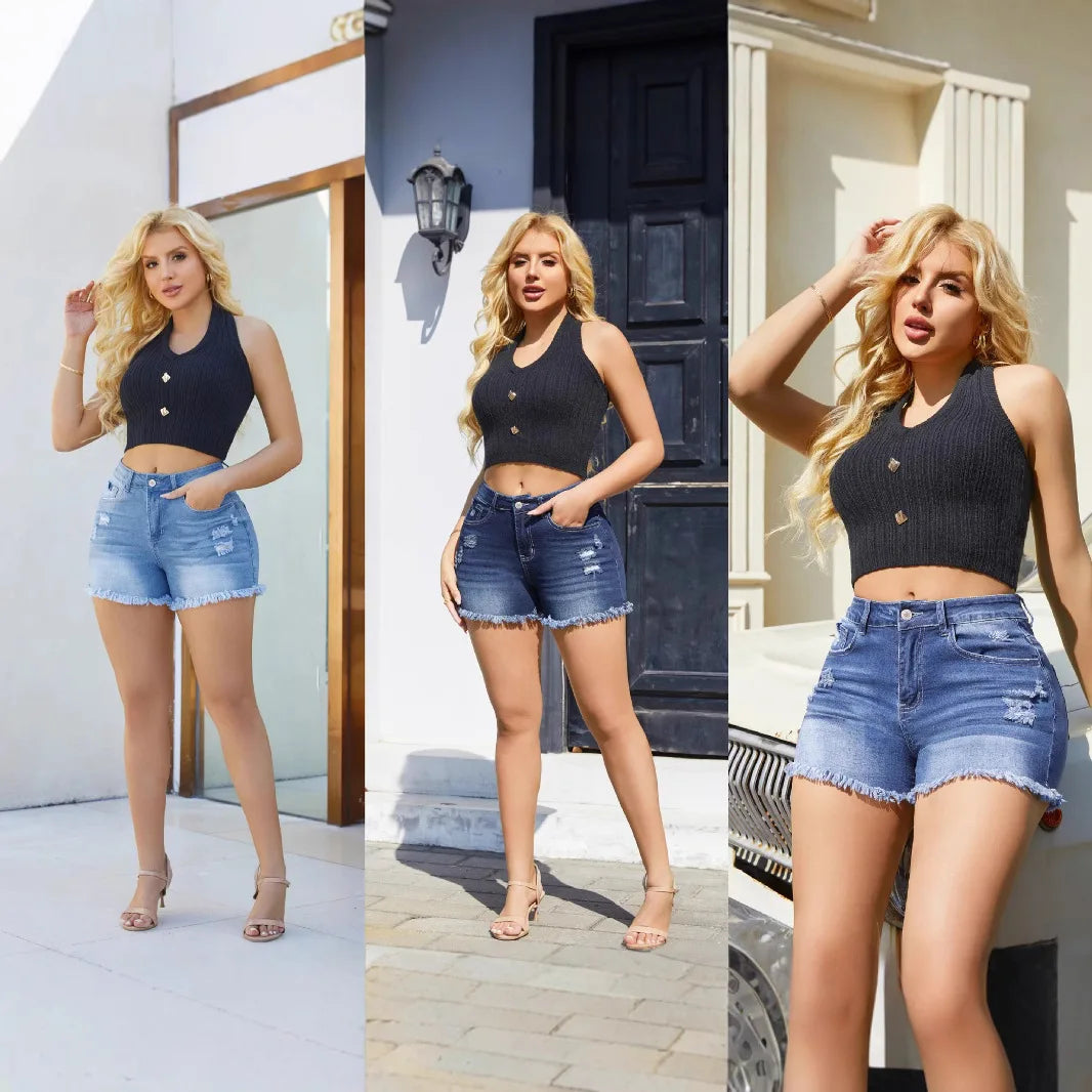 2025 New  Women's Denim Shorts Europe United States Hot Pants Tassel Holes Denim Shorts
