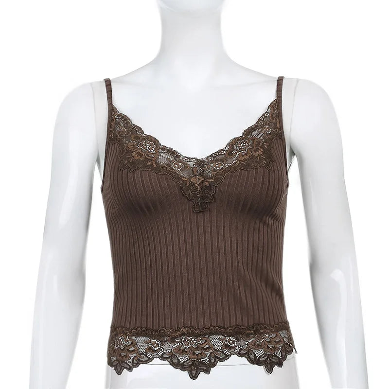 Goth Aesthetic Lace Patchwork Tank Tops For Women Sexy V-Neck Brown Retro Crop Tops Summer y2k Fashion Casual Camisole