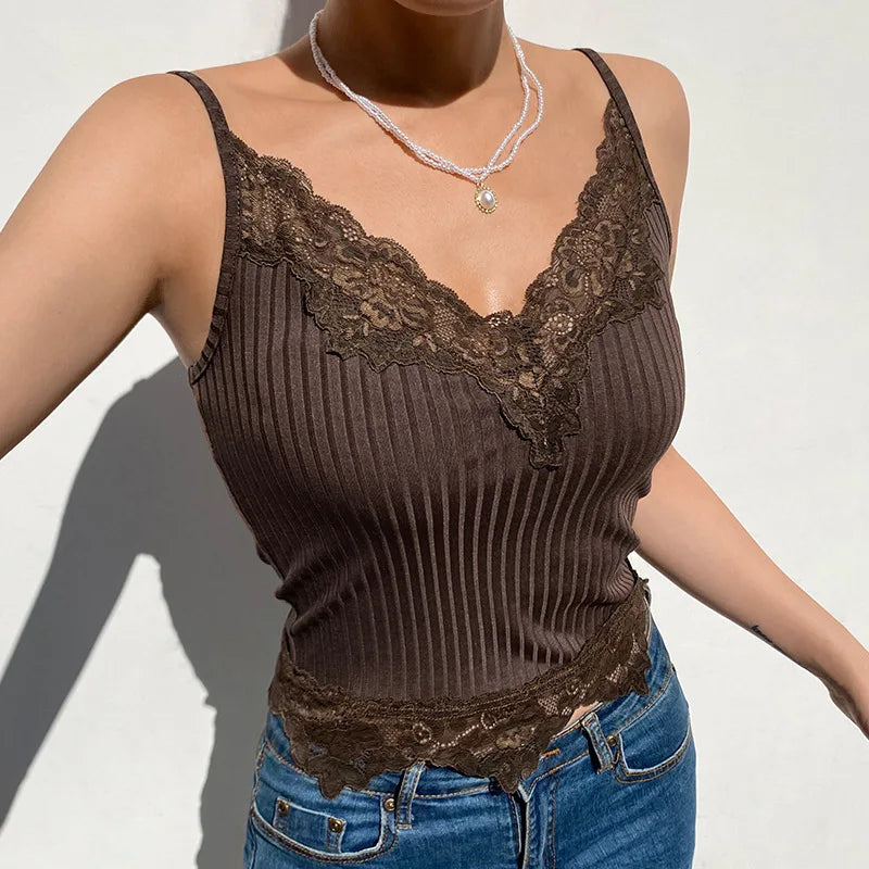 Goth Aesthetic Lace Patchwork Tank Tops For Women Sexy V-Neck Brown Retro Crop Tops Summer y2k Fashion Casual Camisole