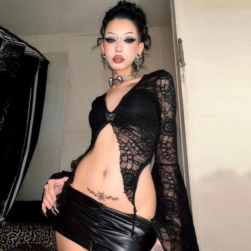 Goth Dark Lace See Through Gothic Women T-shirts Emo Sexy Grunge Aesthetic Flare Sleeve Crop Tops Y2k Black V-neck Alt Tees