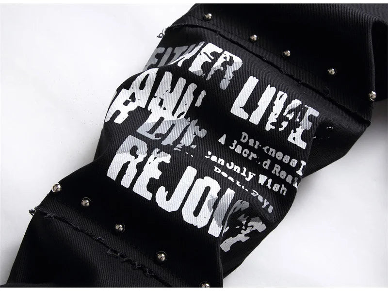 Men's Scotland Red Plaid Tartan Patchwork Jeans Punk Rivet Patch Black Denim Pants Skull Letters Printed Slim Straight Trousers