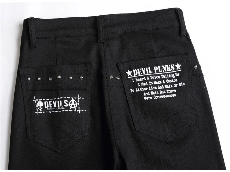 Men's Scotland Red Plaid Tartan Patchwork Jeans Punk Rivet Patch Black Denim Pants Skull Letters Printed Slim Straight Trousers