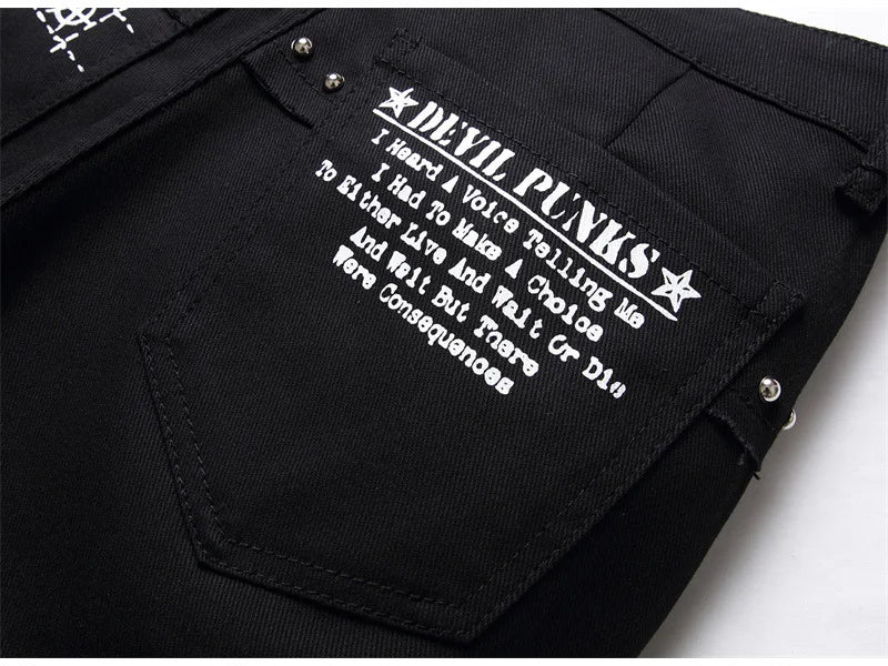 Men's Scotland Red Plaid Tartan Patchwork Jeans Punk Rivet Patch Black Denim Pants Skull Letters Printed Slim Straight Trousers