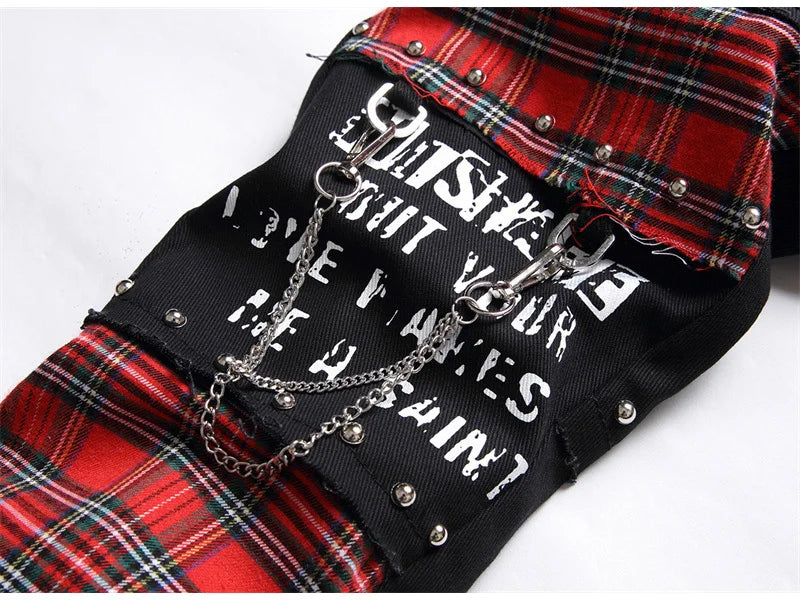 Men's Scotland Red Plaid Tartan Patchwork Jeans Punk Rivet Patch Black Denim Pants Skull Letters Printed Slim Straight Trousers