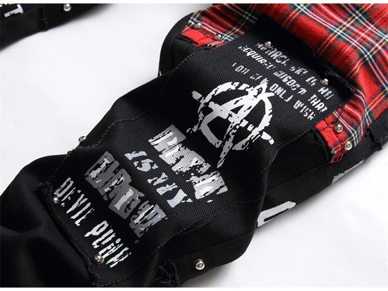 Men's Scotland Red Plaid Tartan Patchwork Jeans Punk Rivet Patch Black Denim Pants Skull Letters Printed Slim Straight Trousers