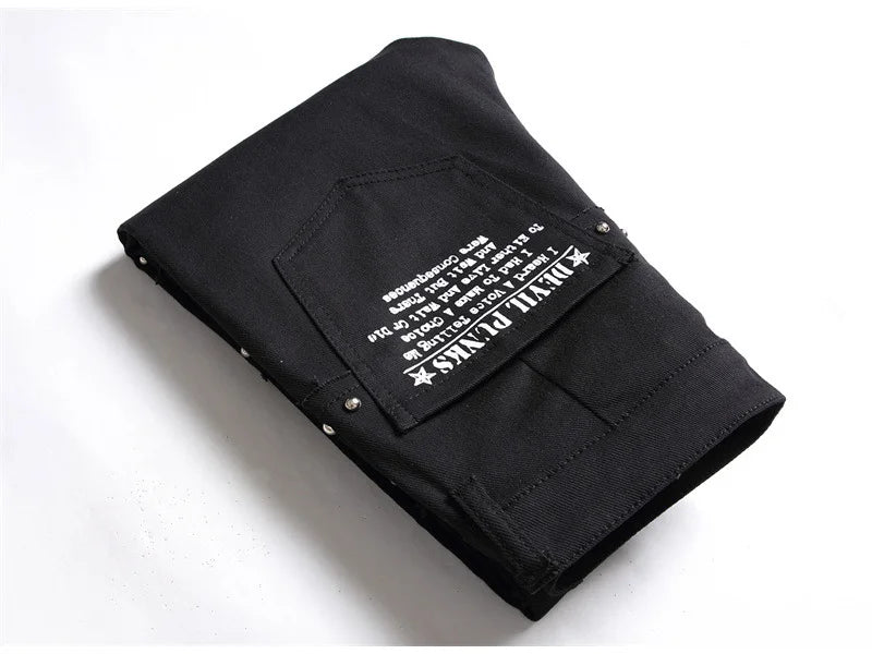 Men's Scotland Red Plaid Tartan Patchwork Jeans Punk Rivet Patch Black Denim Pants Skull Letters Printed Slim Straight Trousers