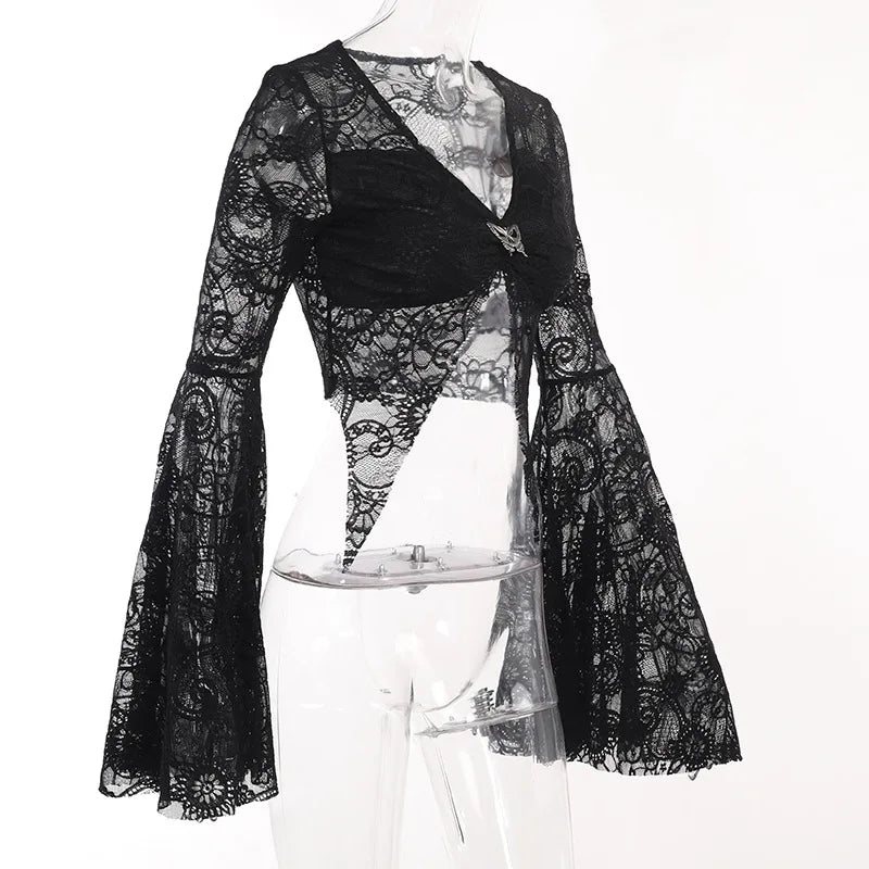Goth Dark Lace See Through Gothic Women T-shirts Emo Sexy Grunge Aesthetic Flare Sleeve Crop Tops Y2k Black V-neck Alt Tees