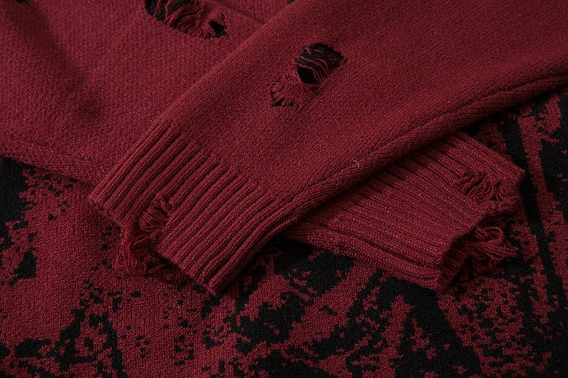 Harajuku Priest Salvation Printed Knitwears Women Streetwear Hip Hop Destroyed Hole Ripped Pullovers Jumper Oversized Men