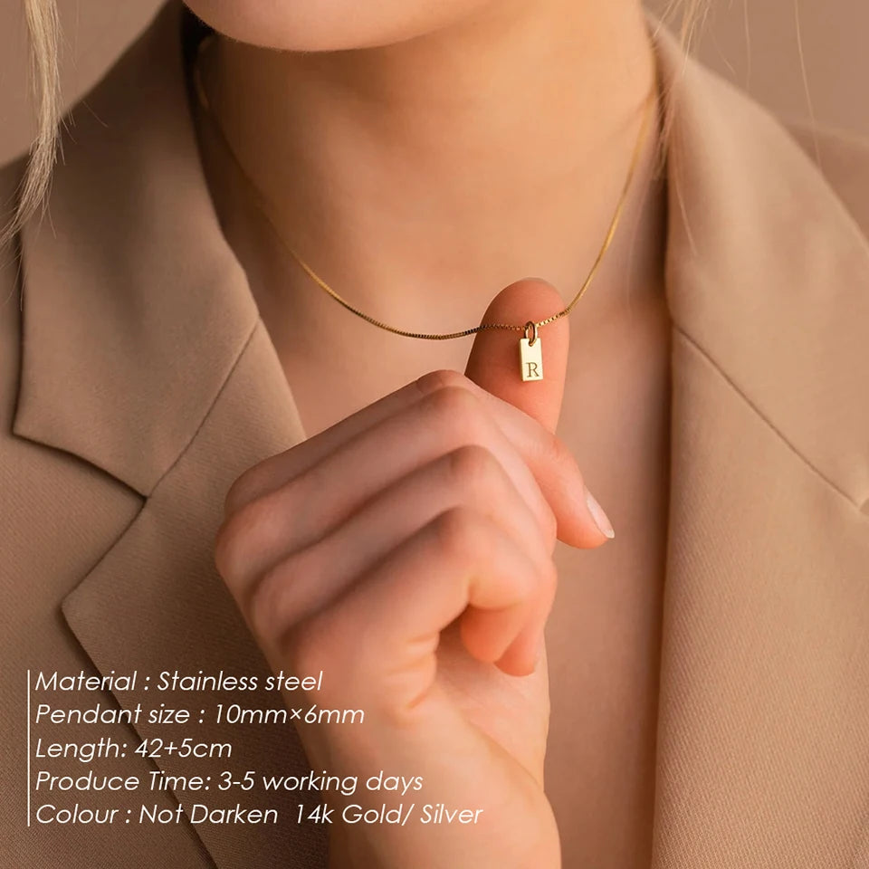 14K Gold PVD Plated Stainless Steel DIY Alphabet Initial Necklace with Titanium Steel Box Chain 26 Letters Silver Jewelry