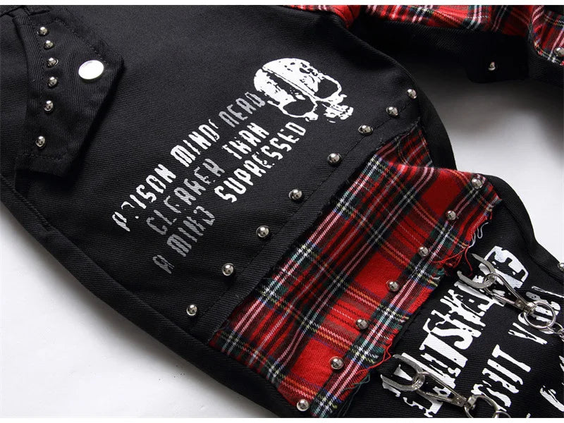 Men's Scotland Red Plaid Tartan Patchwork Jeans Punk Rivet Patch Black Denim Pants Skull Letters Printed Slim Straight Trousers