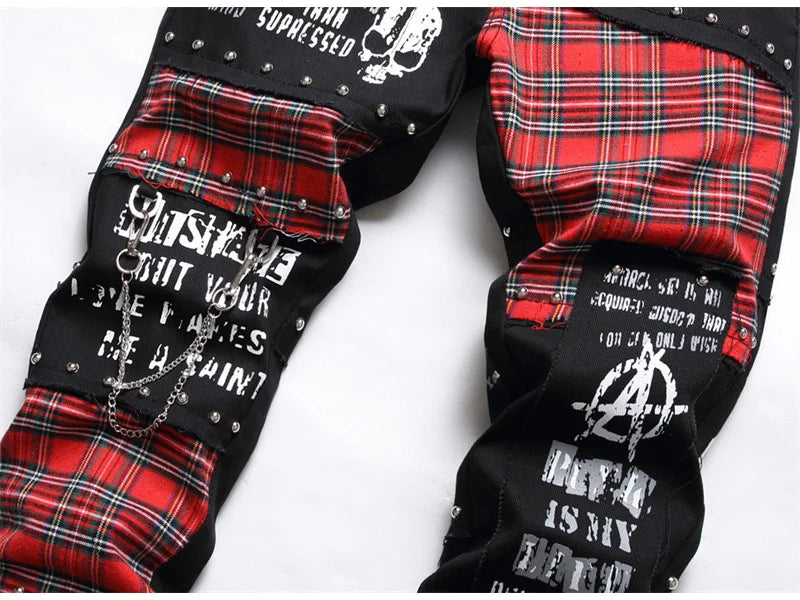 Men's Scotland Red Plaid Tartan Patchwork Jeans Punk Rivet Patch Black Denim Pants Skull Letters Printed Slim Straight Trousers