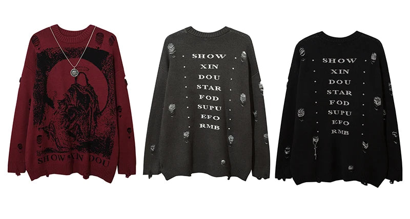 Harajuku Priest Salvation Printed Knitwears Women Streetwear Hip Hop Destroyed Hole Ripped Pullovers Jumper Oversized Men