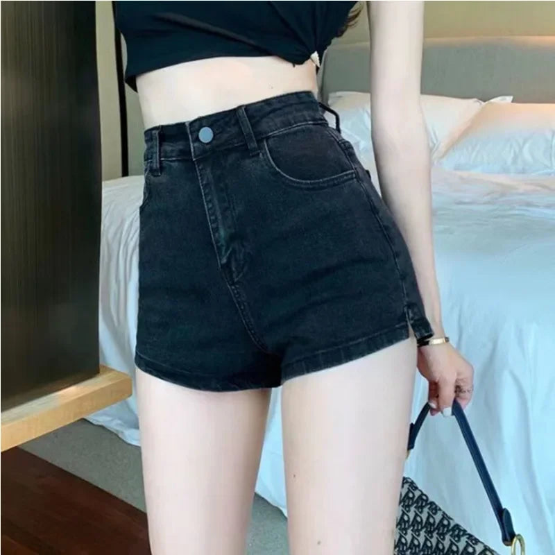 Women High Waist Elastic Denim Shorts Side Slit Summer Slim Wide Leg Short Pants Solid Color Female Vintage Jeans Shorts