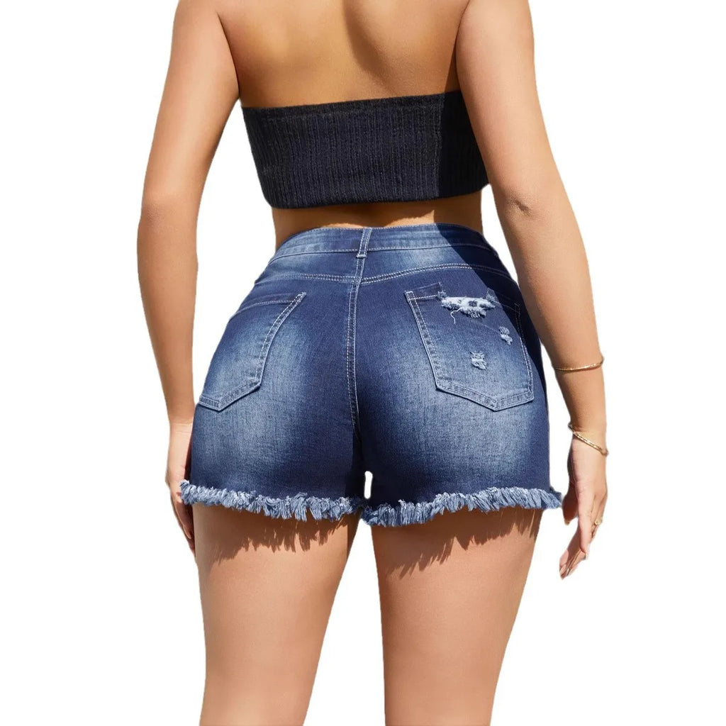 2025 New  Women's Denim Shorts Europe United States Hot Pants Tassel Holes Denim Shorts