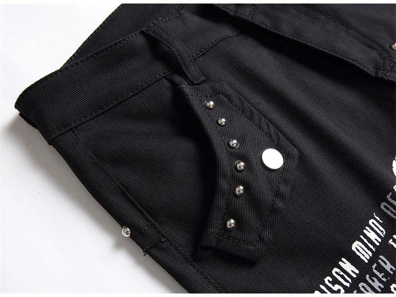 Men's Scotland Red Plaid Tartan Patchwork Jeans Punk Rivet Patch Black Denim Pants Skull Letters Printed Slim Straight Trousers