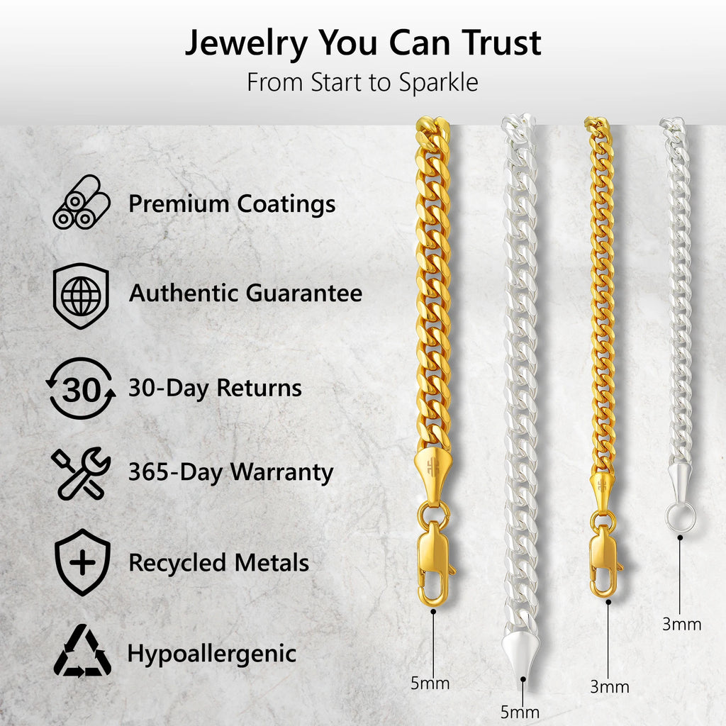 925 Sterling Silver or Premium 24K Gold Filled Stainless Steel Cuban Link Chain 3mm NON-TARNISH Waterproof Mens Chain Necklace