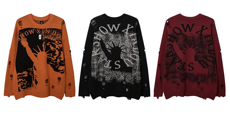 Harajuku Priest Salvation Printed Knitwears Women Streetwear Hip Hop Destroyed Hole Ripped Pullovers Jumper Oversized Men