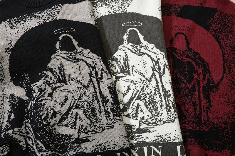 Harajuku Priest Salvation Printed Knitwears Women Streetwear Hip Hop Destroyed Hole Ripped Pullovers Jumper Oversized Men
