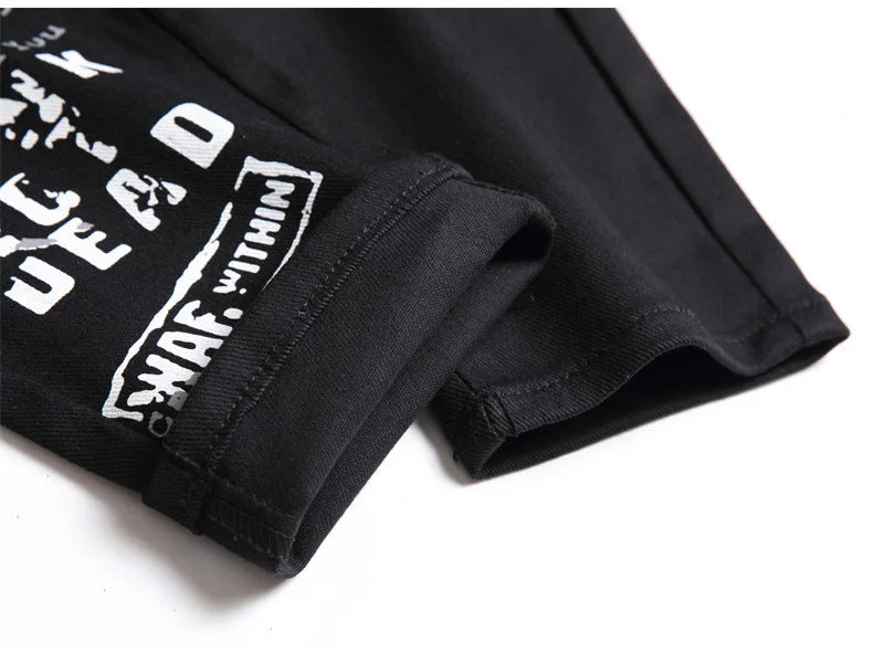 Men's Scotland Red Plaid Tartan Patchwork Jeans Punk Rivet Patch Black Denim Pants Skull Letters Printed Slim Straight Trousers