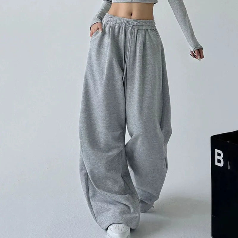 2025 New Harajuku Wide Leg Sweatpants Women Streetwear Baggy Oversize Gray Sports Pants Woman Drawstring Casual Joggers Trousers