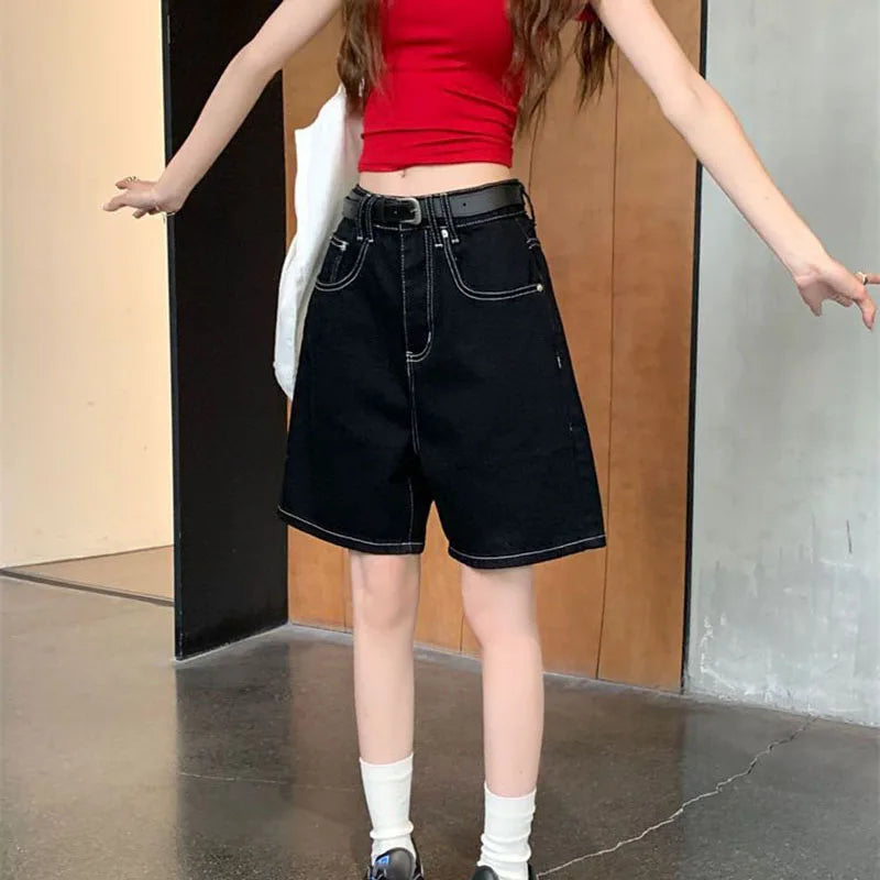Black Shorts Jeans Women 2025 Summer Baggy Y2K Fashion Straight Denim Short Pants Woman Vintage Streetwear Loose Jean Shorts