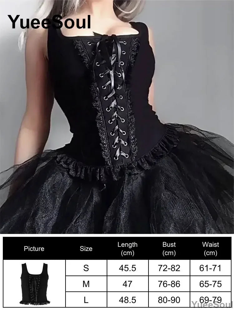 Gothic Lace Mesh Crop Tops Black Sexy Spaghetti Strap Corset Tops Goth Punk Grunge Fairy Core Halloween Y2K Aesthetic Clothes