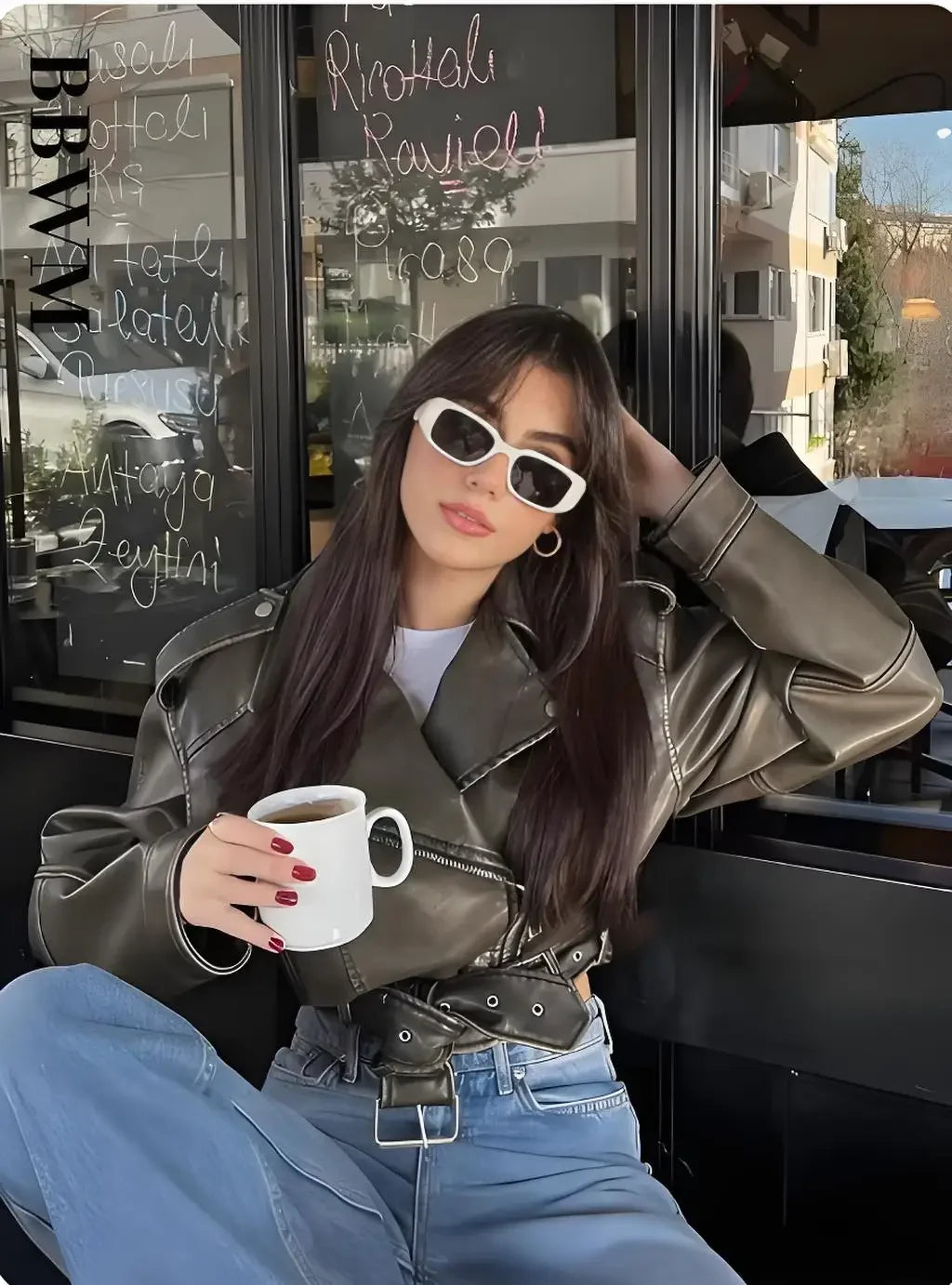 Women Oversized Vintage Loose Pu Faux Leather Short Jacket with Belt Streetwear Female Zipper Retro Moto Biker Coat Outwear