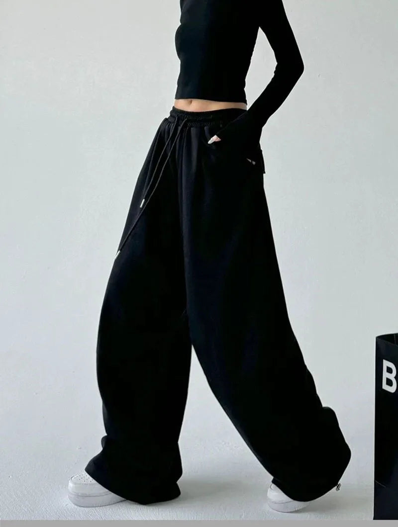 2025 New Harajuku Wide Leg Sweatpants Women Streetwear Baggy Oversize Gray Sports Pants Woman Drawstring Casual Joggers Trousers
